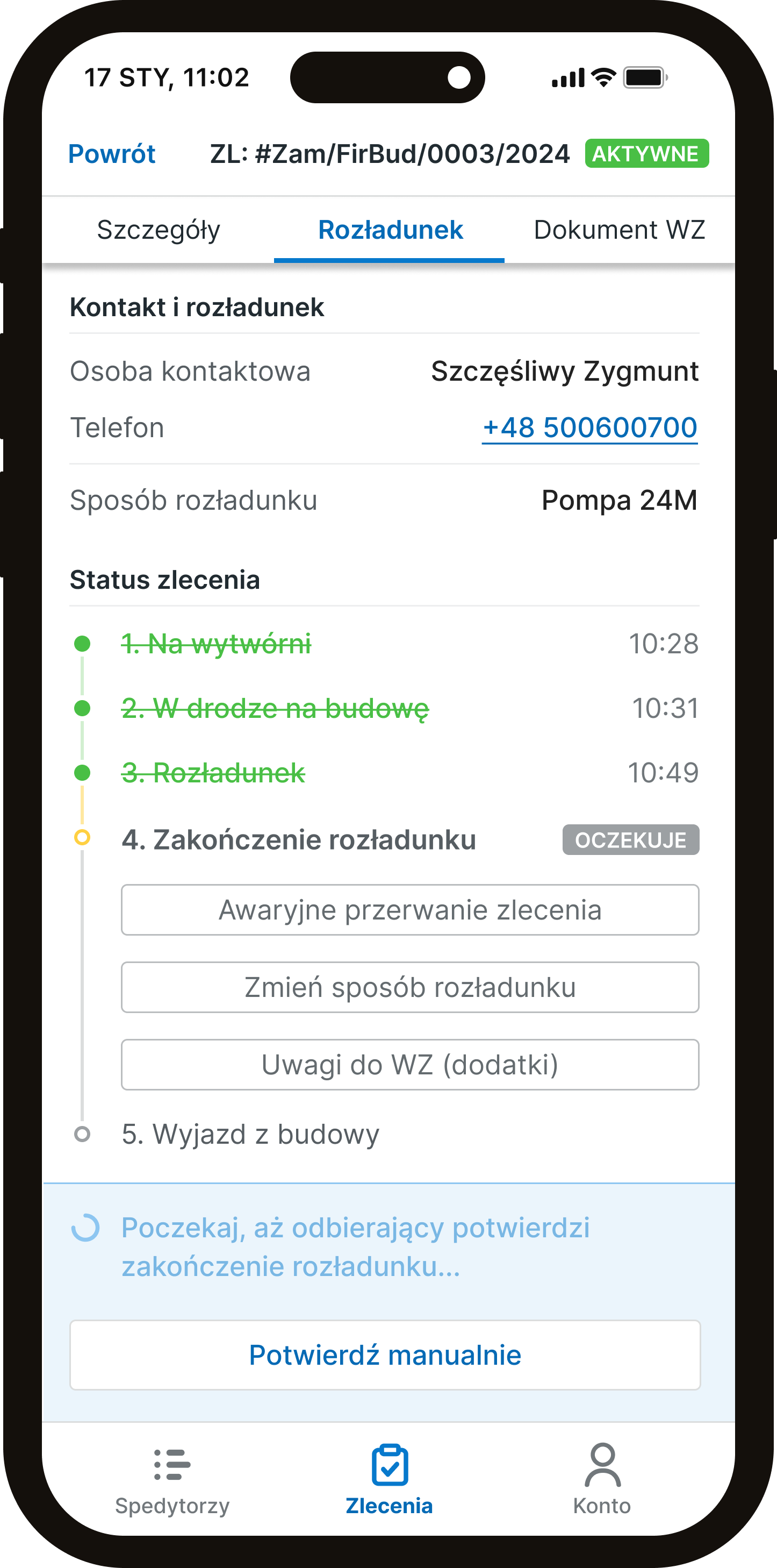 Aplikacja — rozładunek